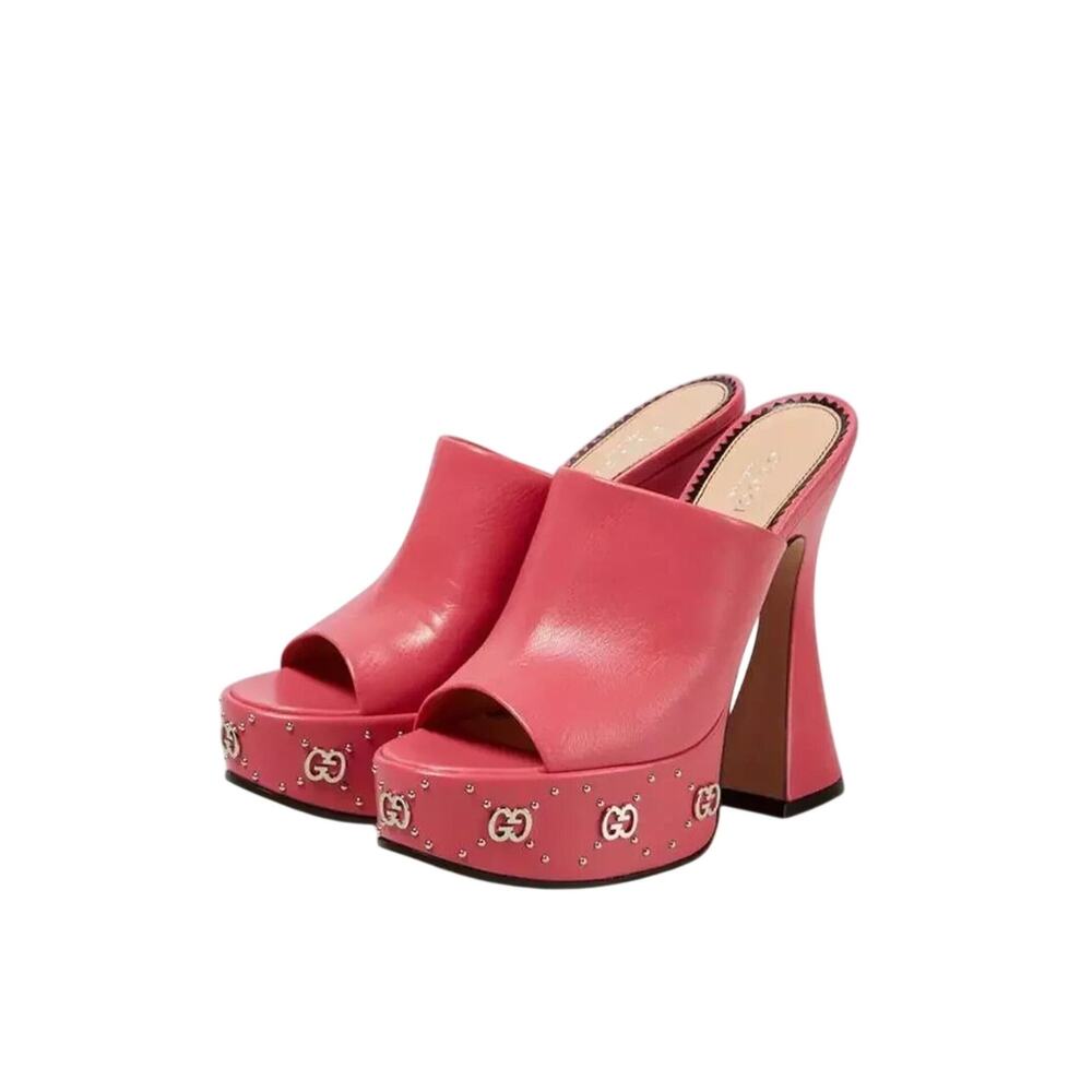 NIB Gucci Janaya Studded GG Platform Sandals EU 39.5 Rhodamine Pink Spool Heel - Picture 2 of 12